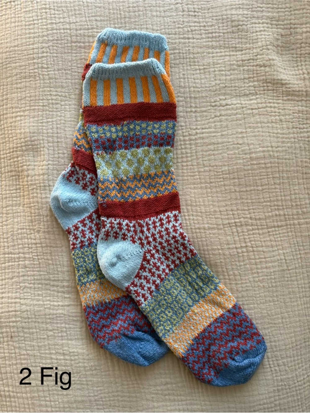 Soulmates Multicolor Fig Patterned Socks in Light Blue, Red, Yellow and Orange